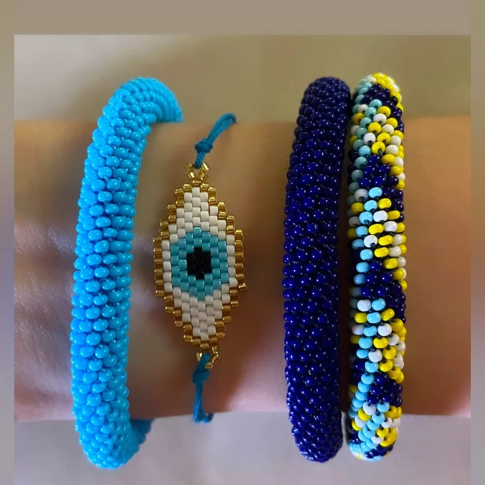 Blue Seed Glass Beaded Bangle Bracelets Set with Evil Eye Miyuki String Bracelet - Picture 1 of 2